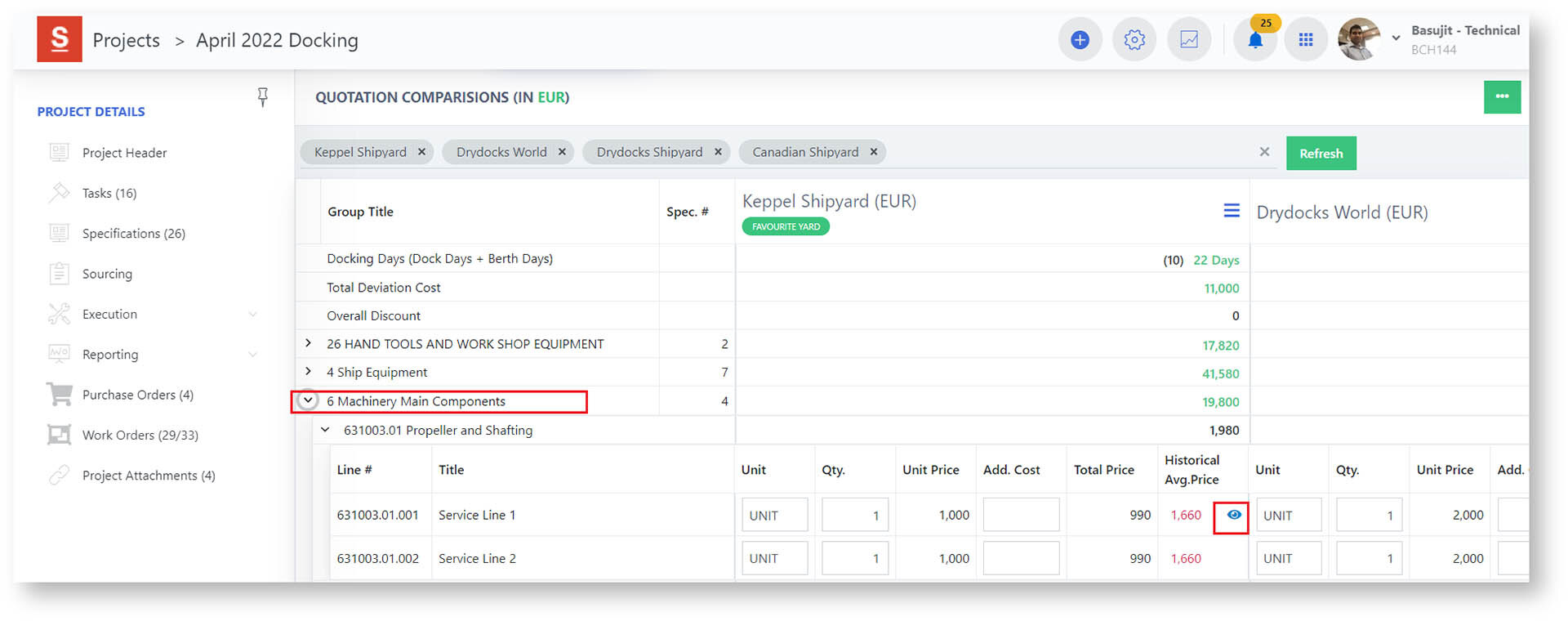 Project management scree for dry docking software